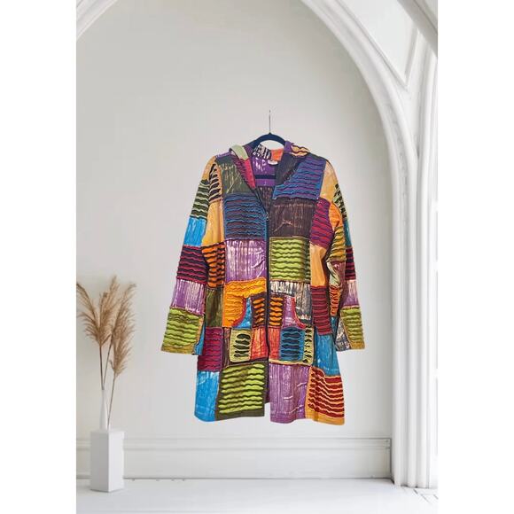 Women's Patchwork Colors BOHO Zip Hoodie 3/4 Length Plus Size - Picture 1 of 7